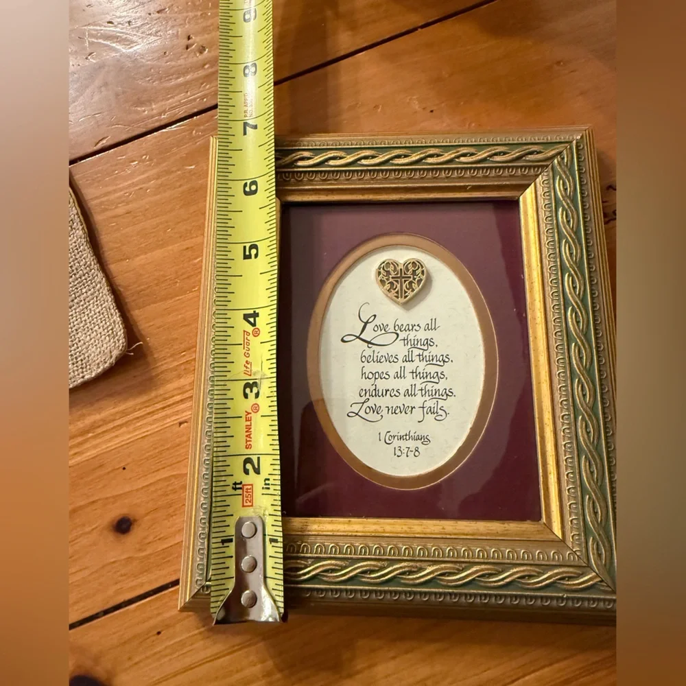 Bible Verse from 1 Corinthians 13:7–8 in an Ornate GoldTone Frame w/Burgundy Mat